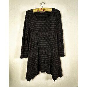 Tianello Womens Black Striped 3/4 Sleeve Textured Asymmetrical Tunic Top Medium
